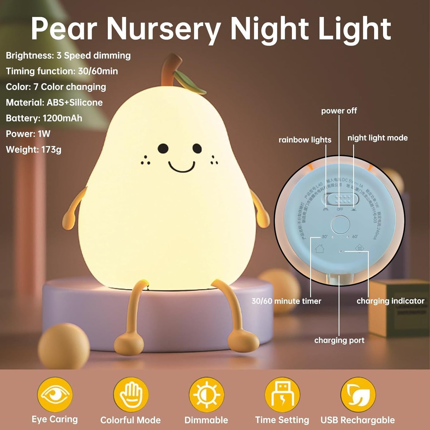 Cute Pear Silicon Night Lamp with Touch-Control Color-Changing LED Light